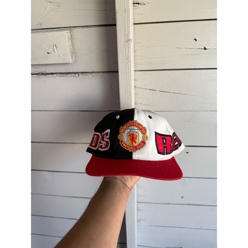 Vintage Manchester United FC Snapback Hat Reds Split Panel Black White Red Cap